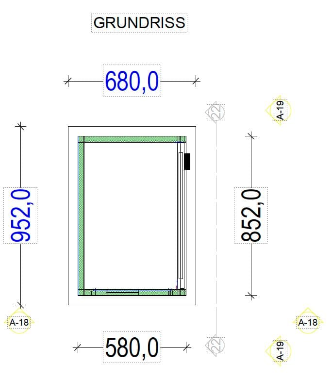 Grundriss der PhotoCabin mit Maßen: 680 mm auf 952 mm außen, 580 mm auf 852 mm innen