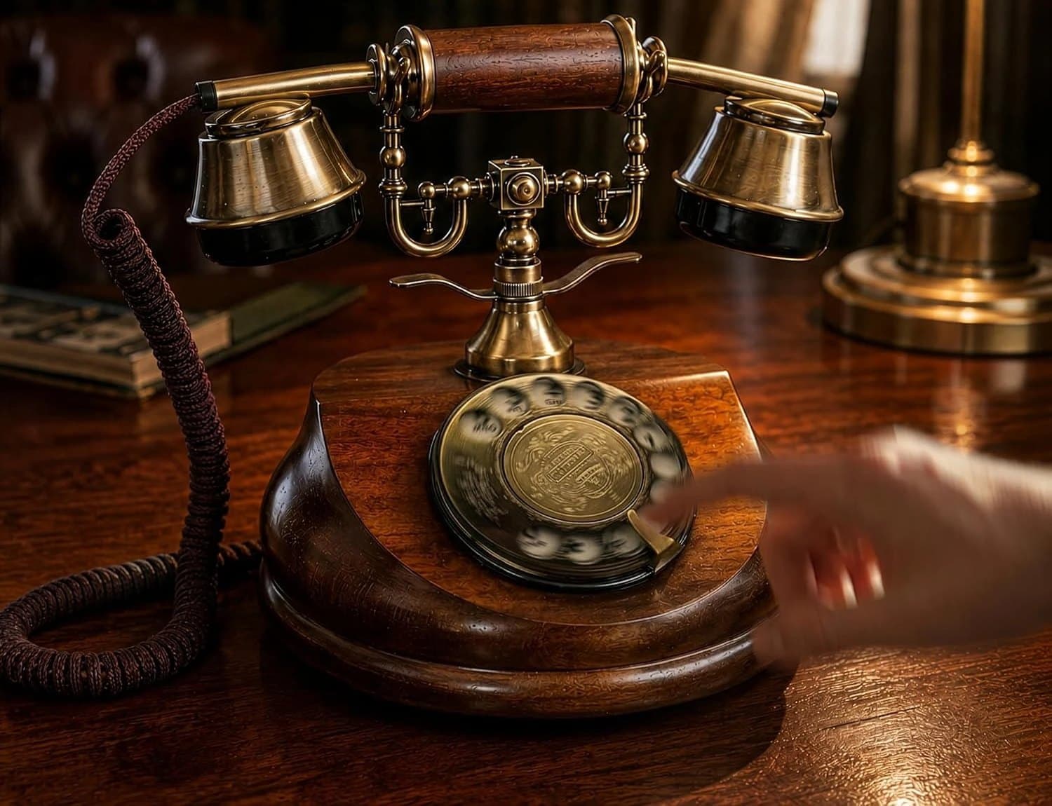 Antikes Telefon mit Wählscheibe und Messinghörer auf einem Holztisch – das Audio-Gästebuch für Hochzeiten und Feiern in Vorarlberg
